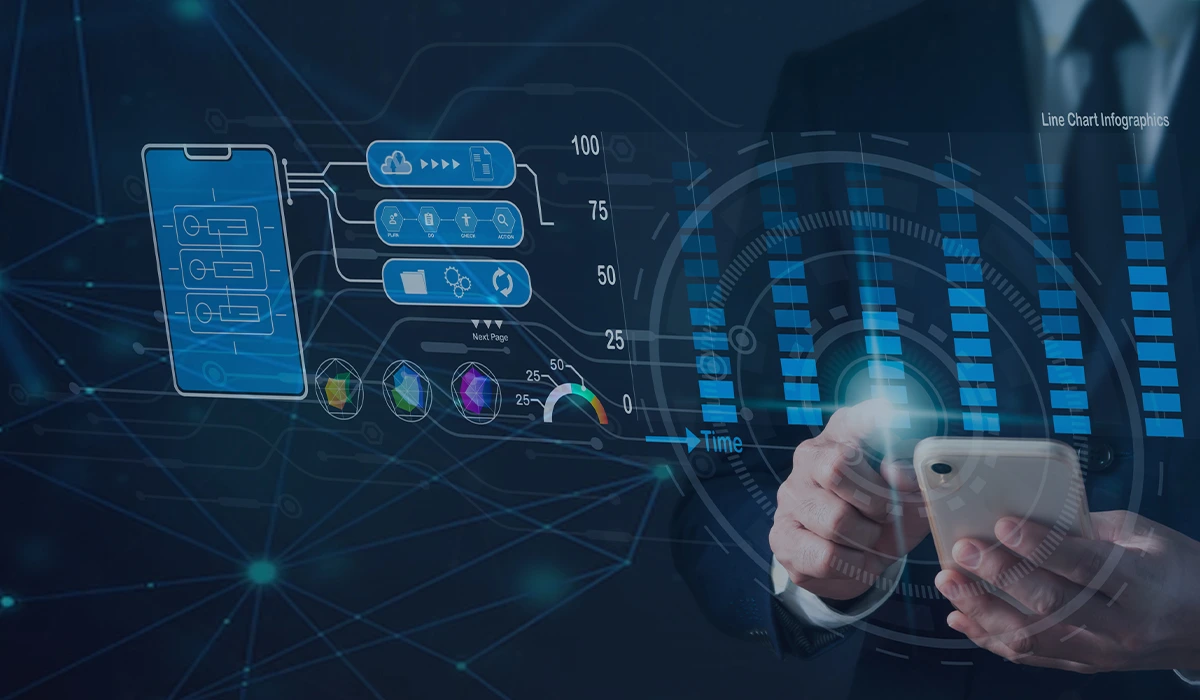 A visual representation of IT & Digital Marketing Metrics. A person in a suit uses a smartphone, surrounded by digital charts, graphs, and infographics, including a blue phone icon and data flow. The tone is tech focused.