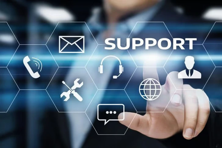 A person touches a digital screen displaying icons for phone, email, tools, headset, chat, globe, and a user. Above these icons is 'SUPPORT', highlighting how second-line support resolves complex IT issues effectively with Fortray's expertise.